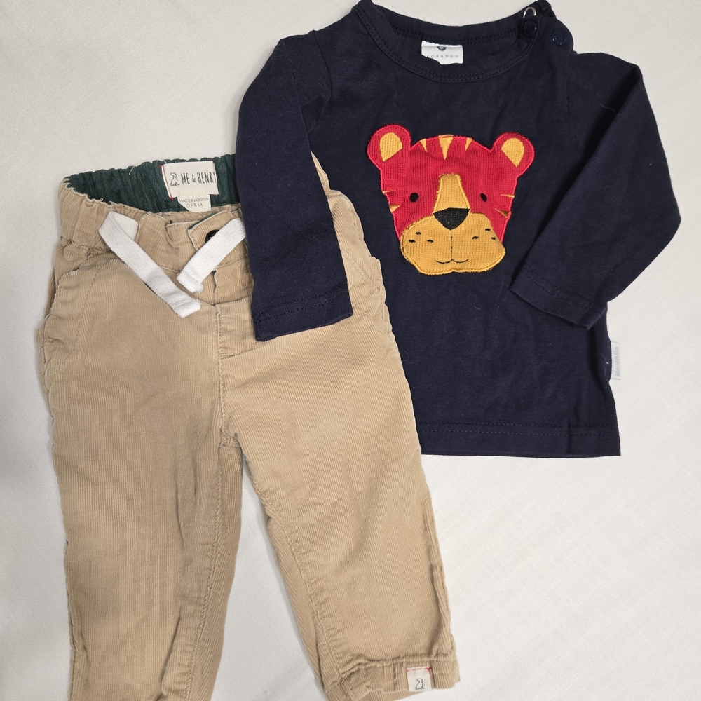 Navy Tiger Shirt and Tan Corduroy Pants Set